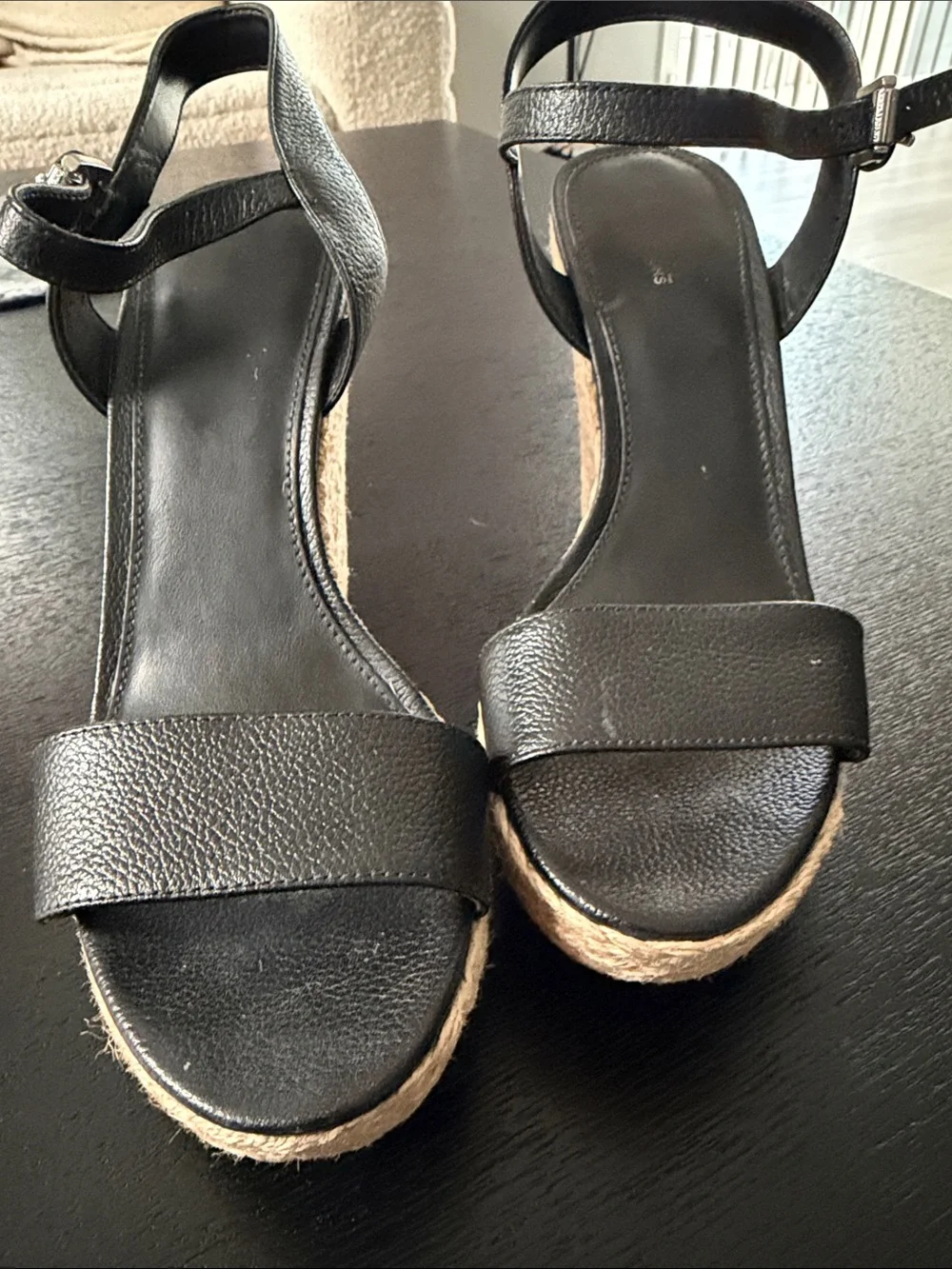 MICHAEL Michael Kors Black Leather Ankle-Strap Espadrille Wedges